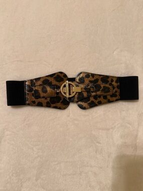 bebe Leopard Print Elastic Waist Belt with Gold Buckle